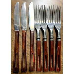 Stanhome Stainless Steel Knife Fork Flatware w/ Marbled Handles MCM Vintage 7pcs